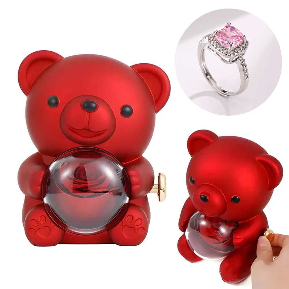 Adjustable Love Ring Couple Ring with Rose Bear Giftbox for Her