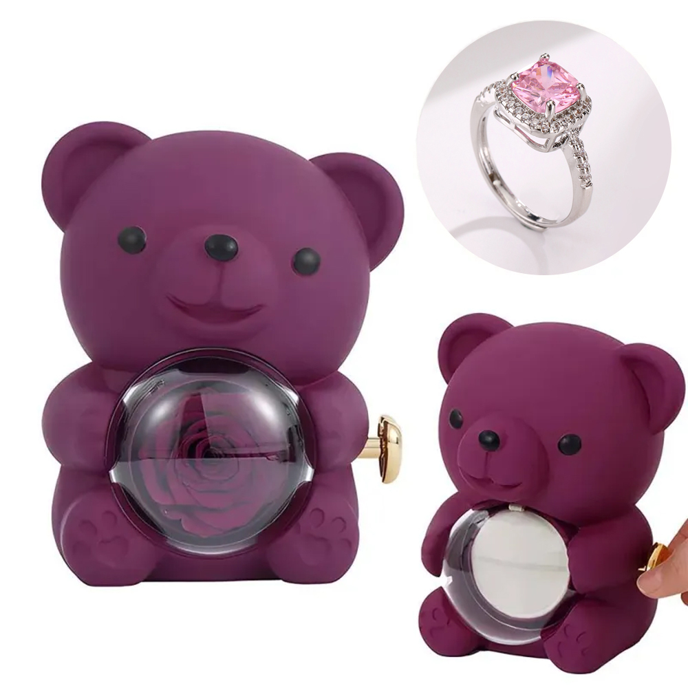 Adjustable Love Ring Couple Ring with Rose Bear Giftbox for Her