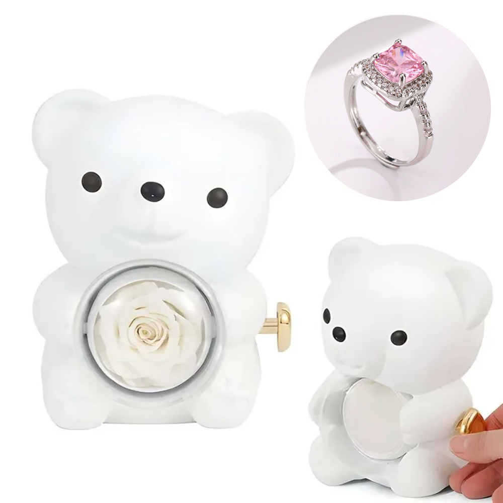 Adjustable Love Ring Couple Ring with Rose Bear Giftbox for Her