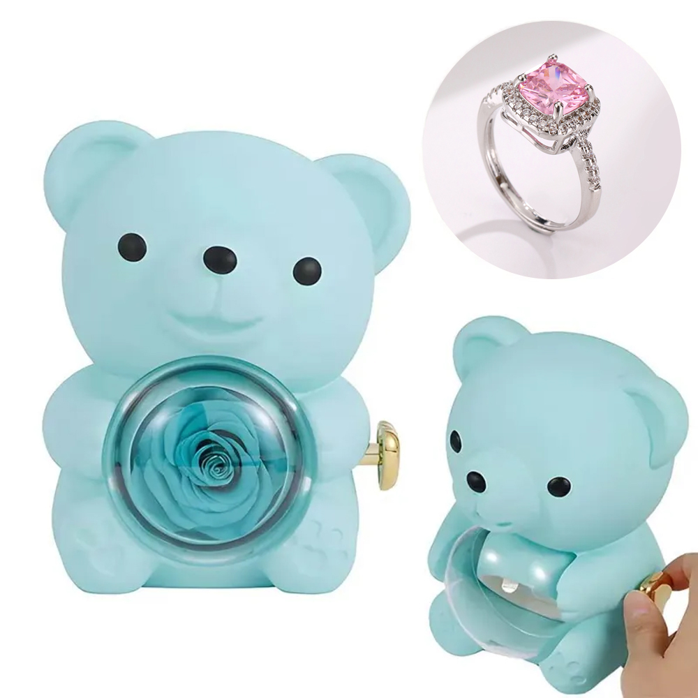 Adjustable Love Ring Couple Ring with Rose Bear Giftbox for Her