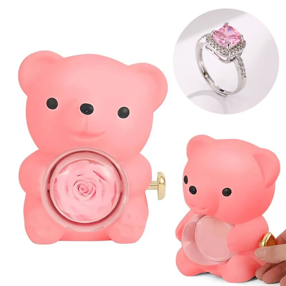 Adjustable Love Ring Couple Ring with Rose Bear Giftbox for Her