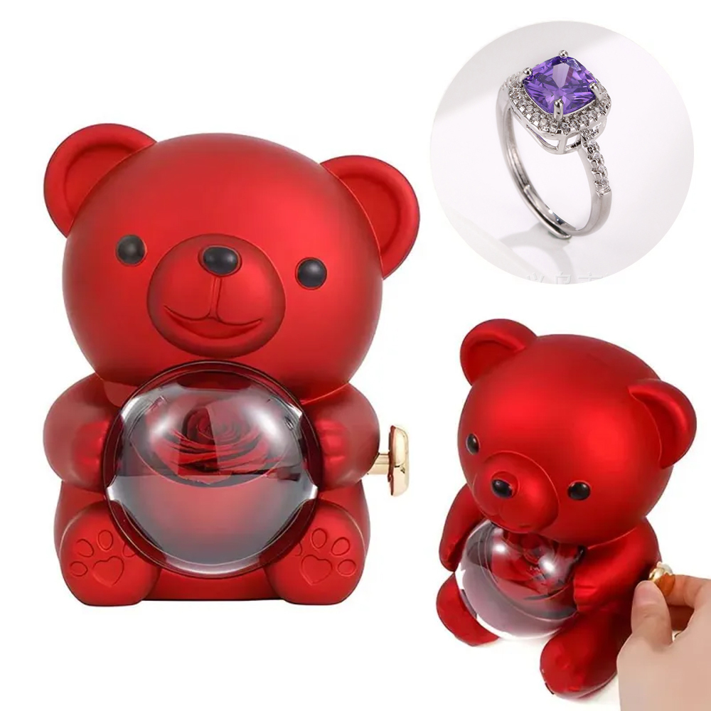 Adjustable Love Ring Couple Ring with Rose Bear Giftbox for Her