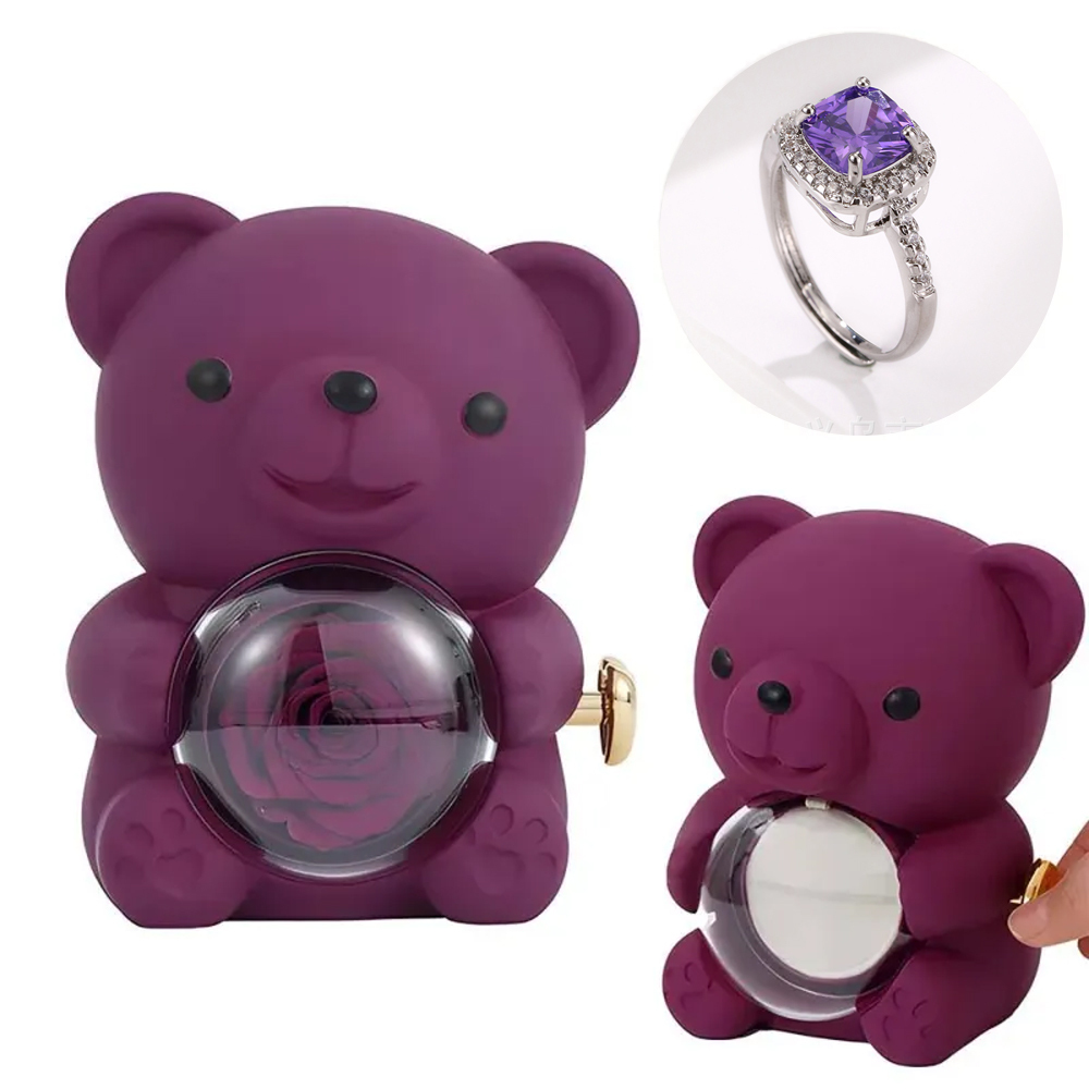 Adjustable Love Ring Couple Ring with Rose Bear Giftbox for Her