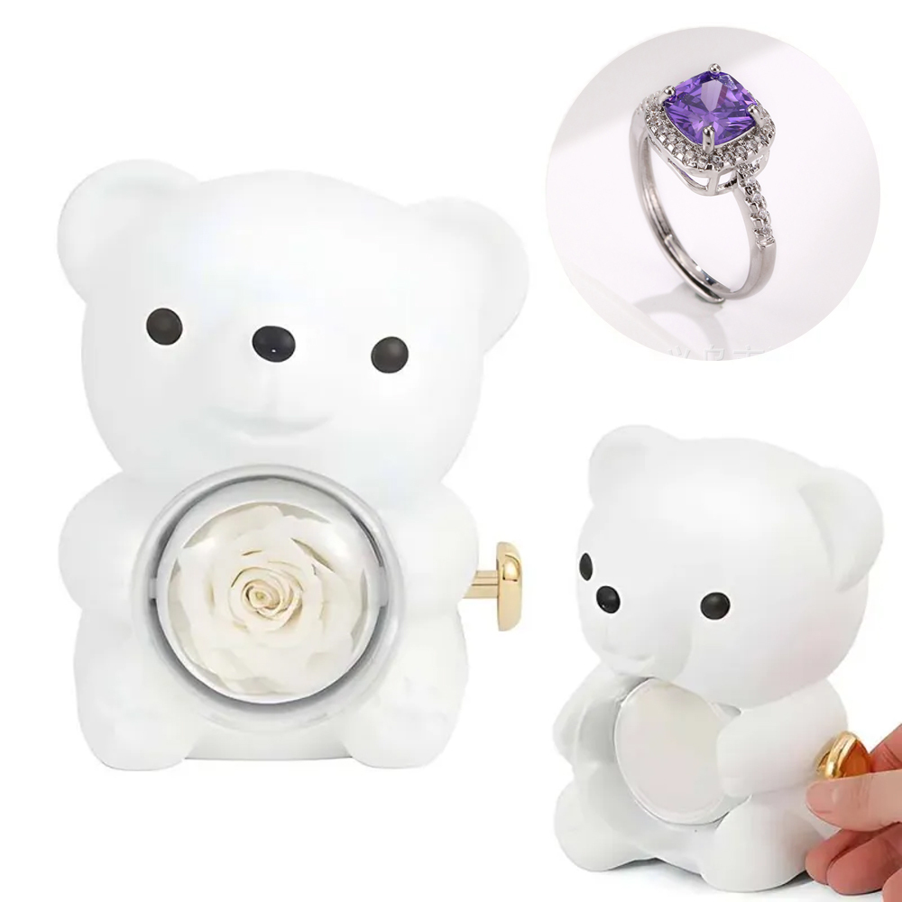 Adjustable Love Ring Couple Ring with Rose Bear Giftbox for Her
