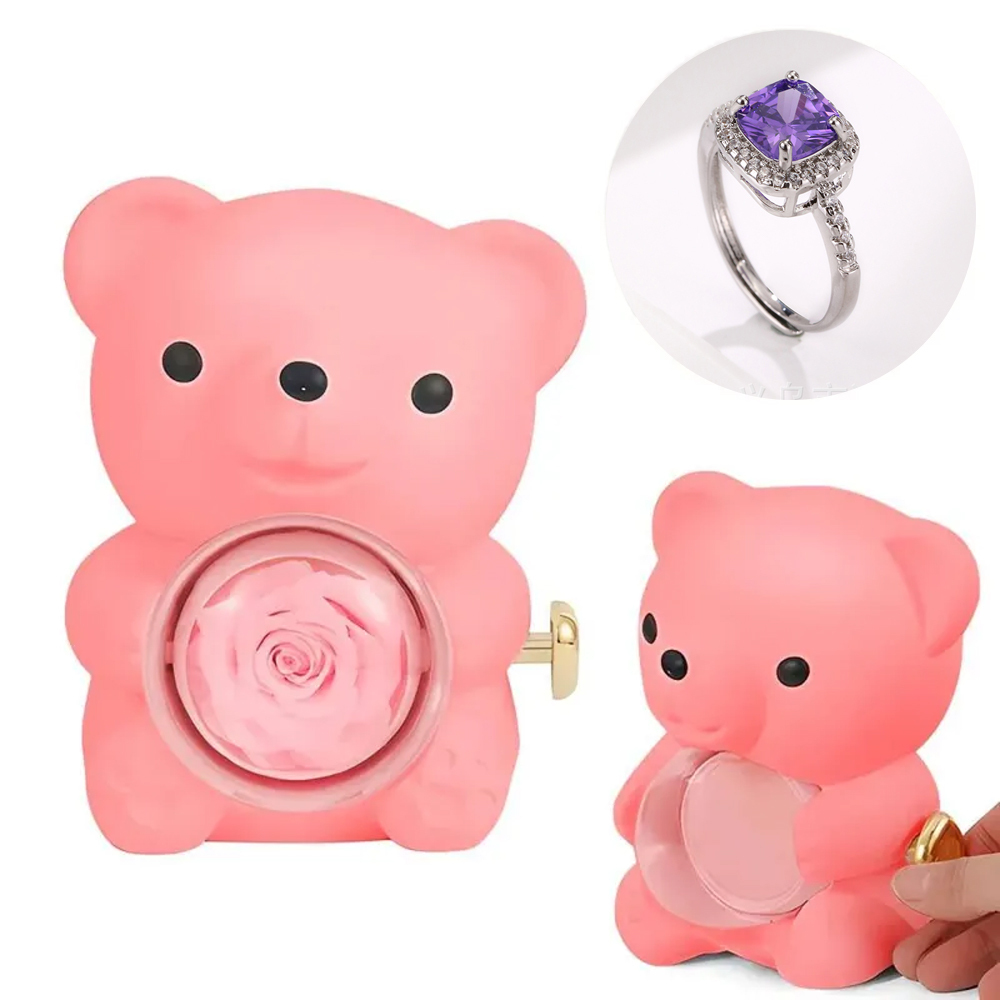 Adjustable Love Ring Couple Ring with Rose Bear Giftbox for Her