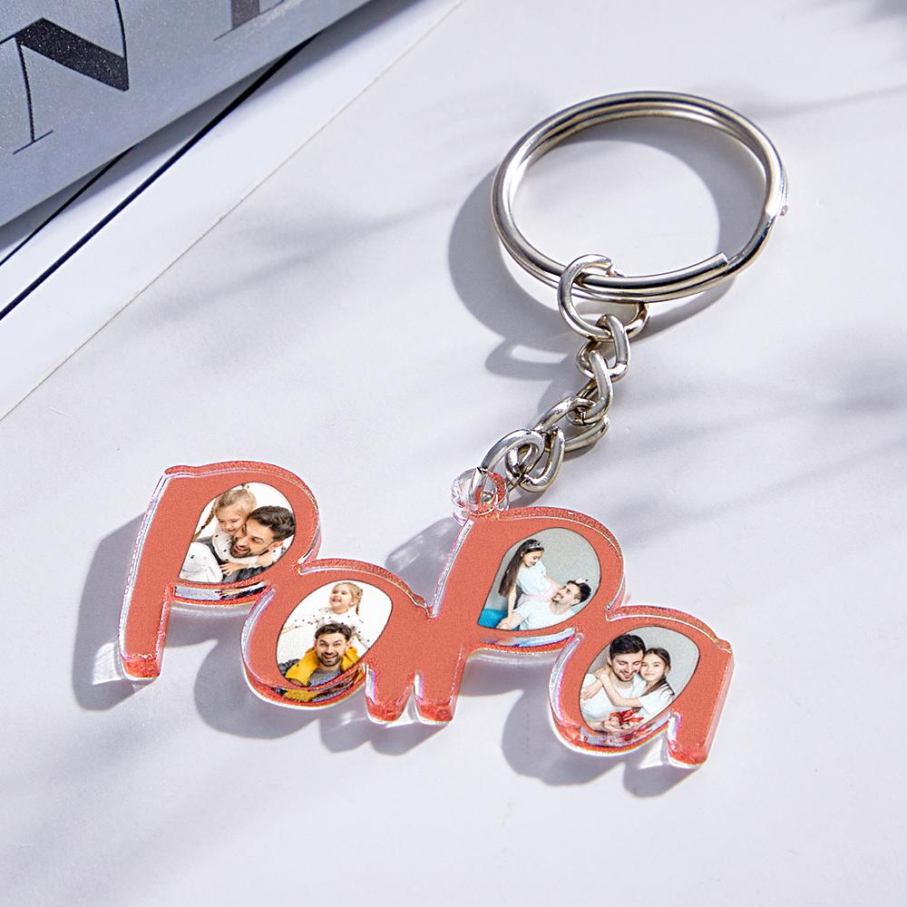 Personalized Papa Photo Keychain Fathers Day Gift for New Dad Four Photos Keychain Personalized Gift detail