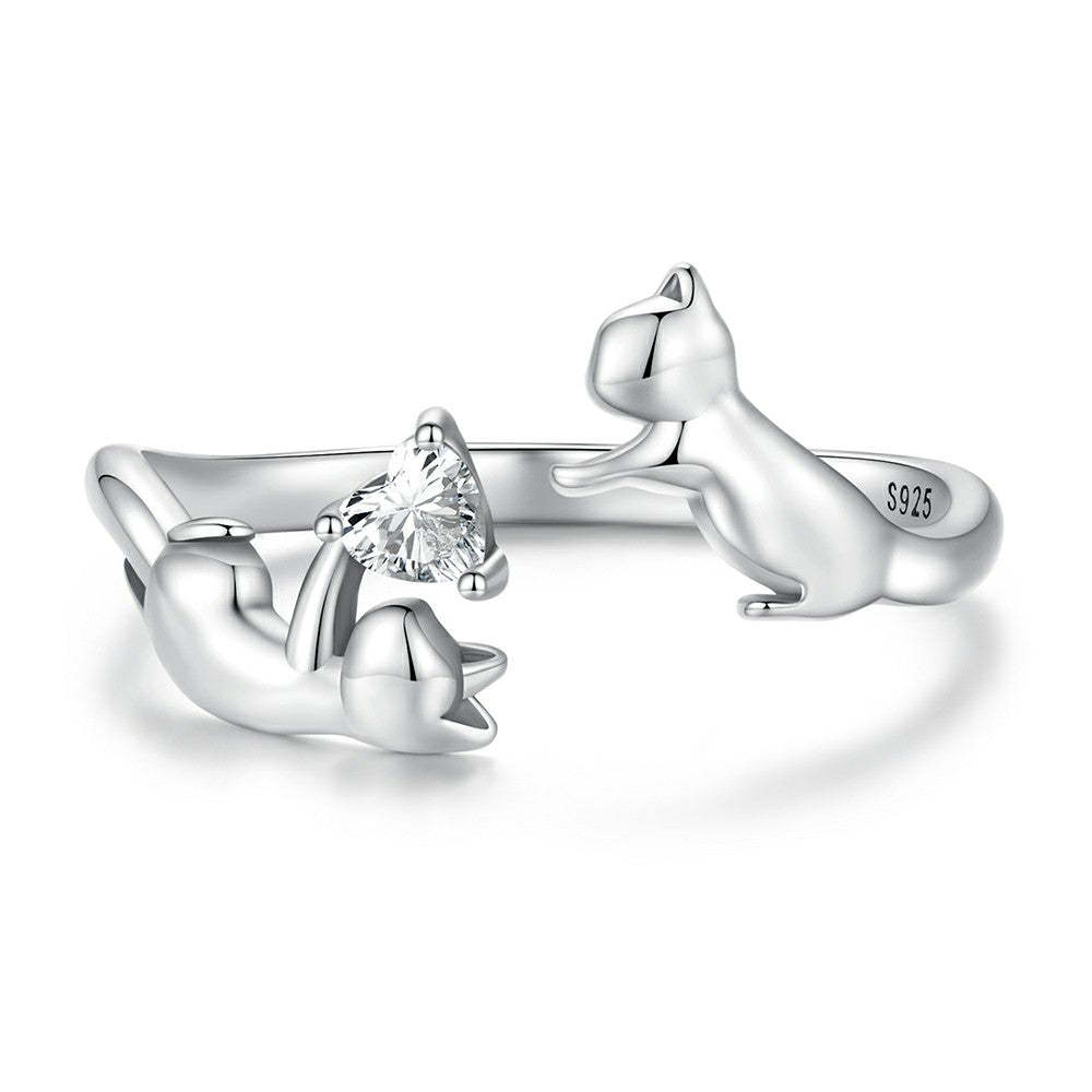 cat playing open ring 925 sterling silver kr152