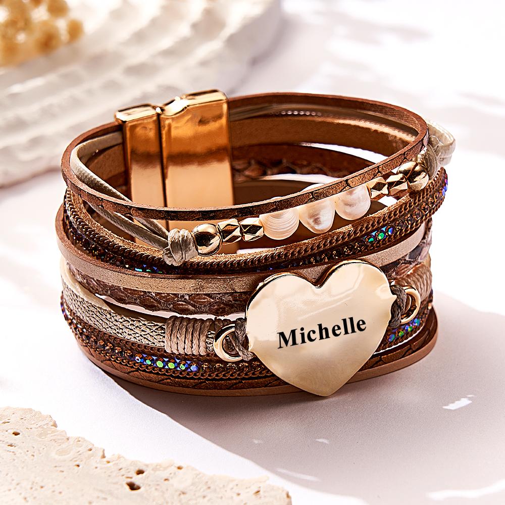 Custom Name Womens Leather Cuff Bracelet Baroque Pearl Wrap Bracelets Gorgeous - soufeelus