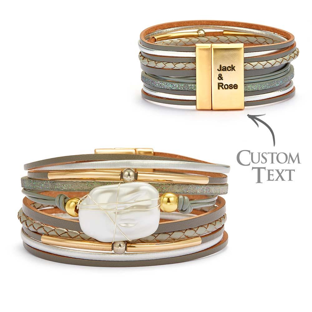 Custom Name Leather Cuff Bracelet Baroque Wrap Bohemian Gift - soufeelus