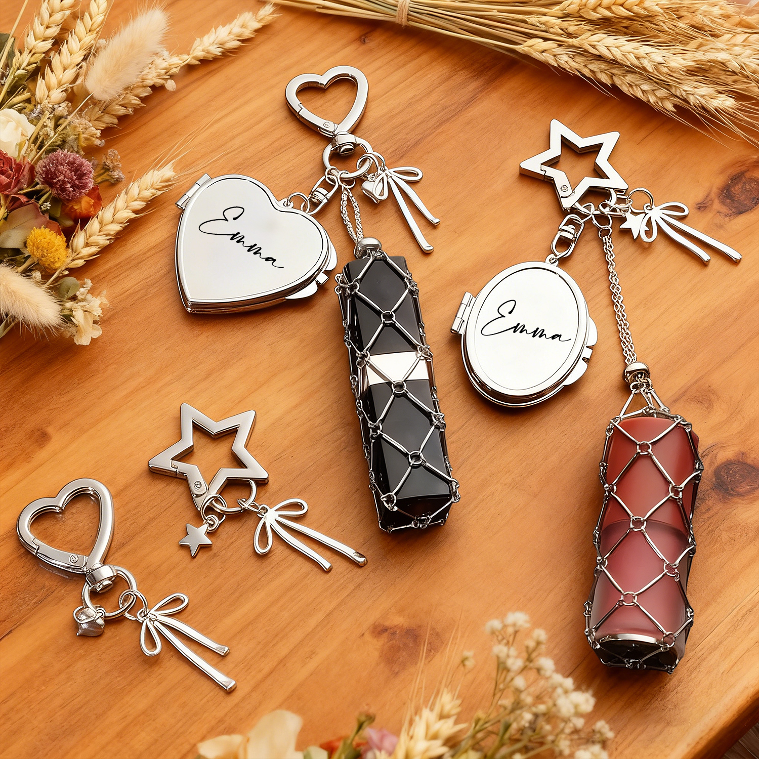 Personalized Lipstick Keychain with Mirror: Stainless Steel Makeup Bag Charm