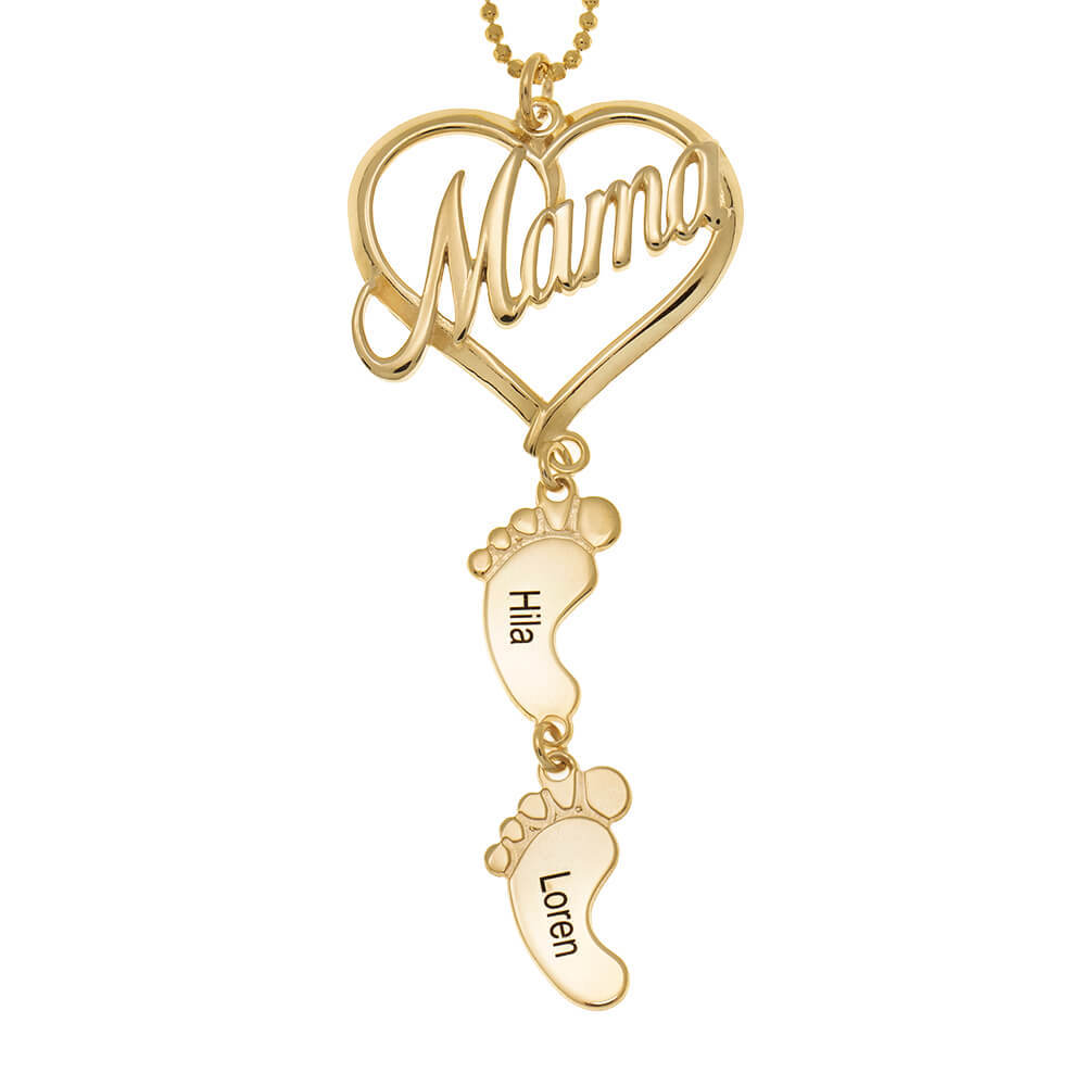 Custom Engraved Name Necklace Love MaMa Heart Baby Feet Charm For Mother's Day