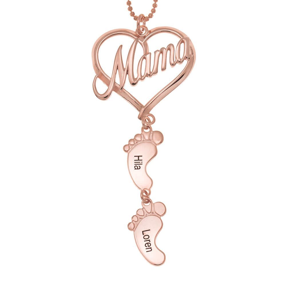Custom Engraved Name Necklace Love MaMa Heart Baby Feet Charm For Mother's Day