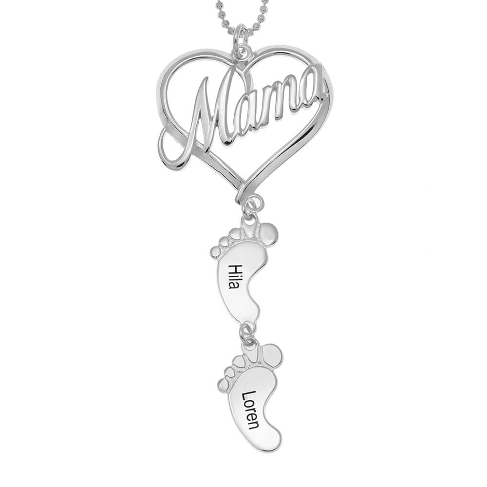 Custom Engraved Name Necklace Love MaMa Heart Baby Feet Charm For Mother's Day