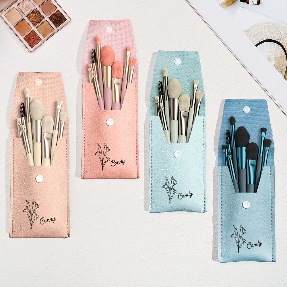 Personalized Birth Flower Leather Makeup Brush Bag with 8 Pcs Makeup Brushes Birthday Gift for Her - soufeelus