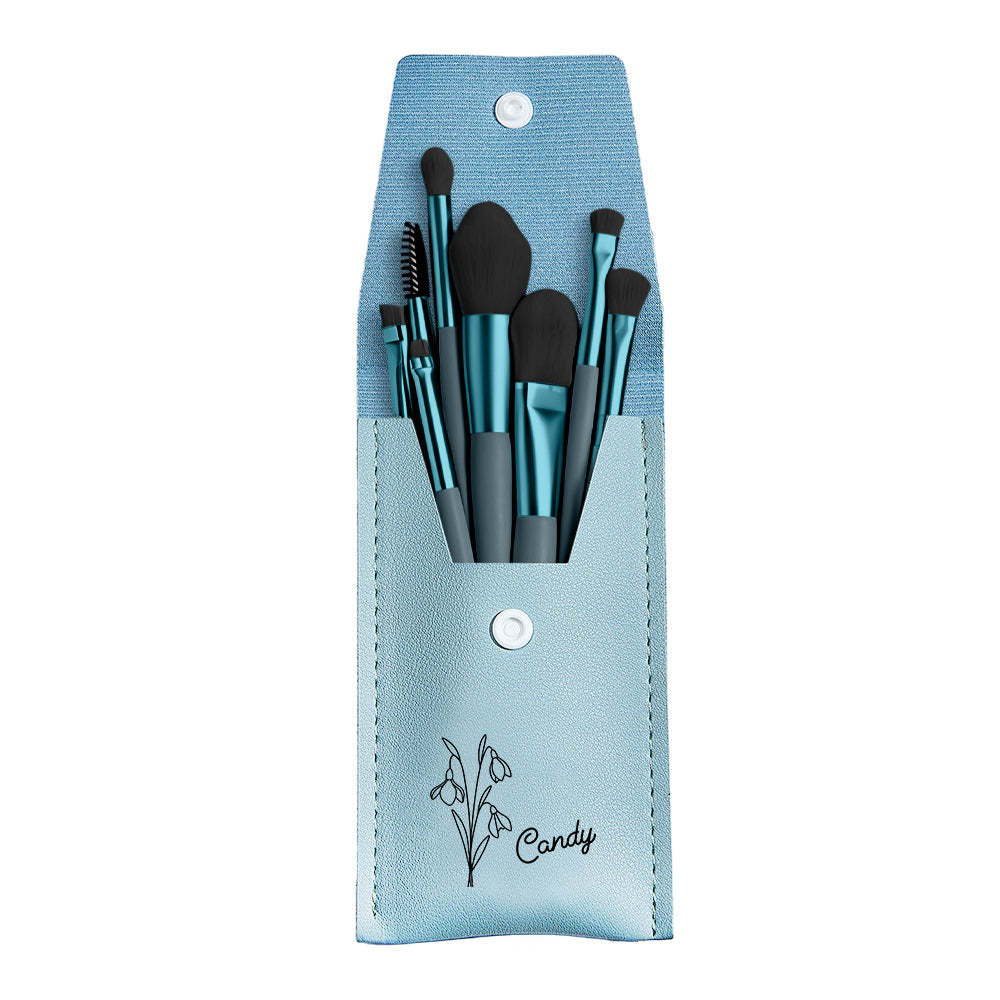 Personalized Birth Flower Leather Makeup Brush Bag with 8 Pcs Makeup Brushes Birthday Gift for Her - soufeelus