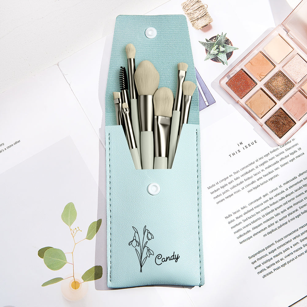 Personalized Birth Flower Leather Makeup Brush Bag with 8 Pcs Makeup Brushes Birthday Gift for Her