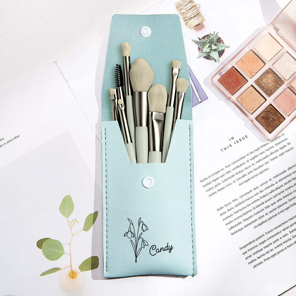 Personalized Birth Flower Leather Makeup Brush Bag with 8 Pcs Makeup Brushes Birthday Gift for Her - soufeelus