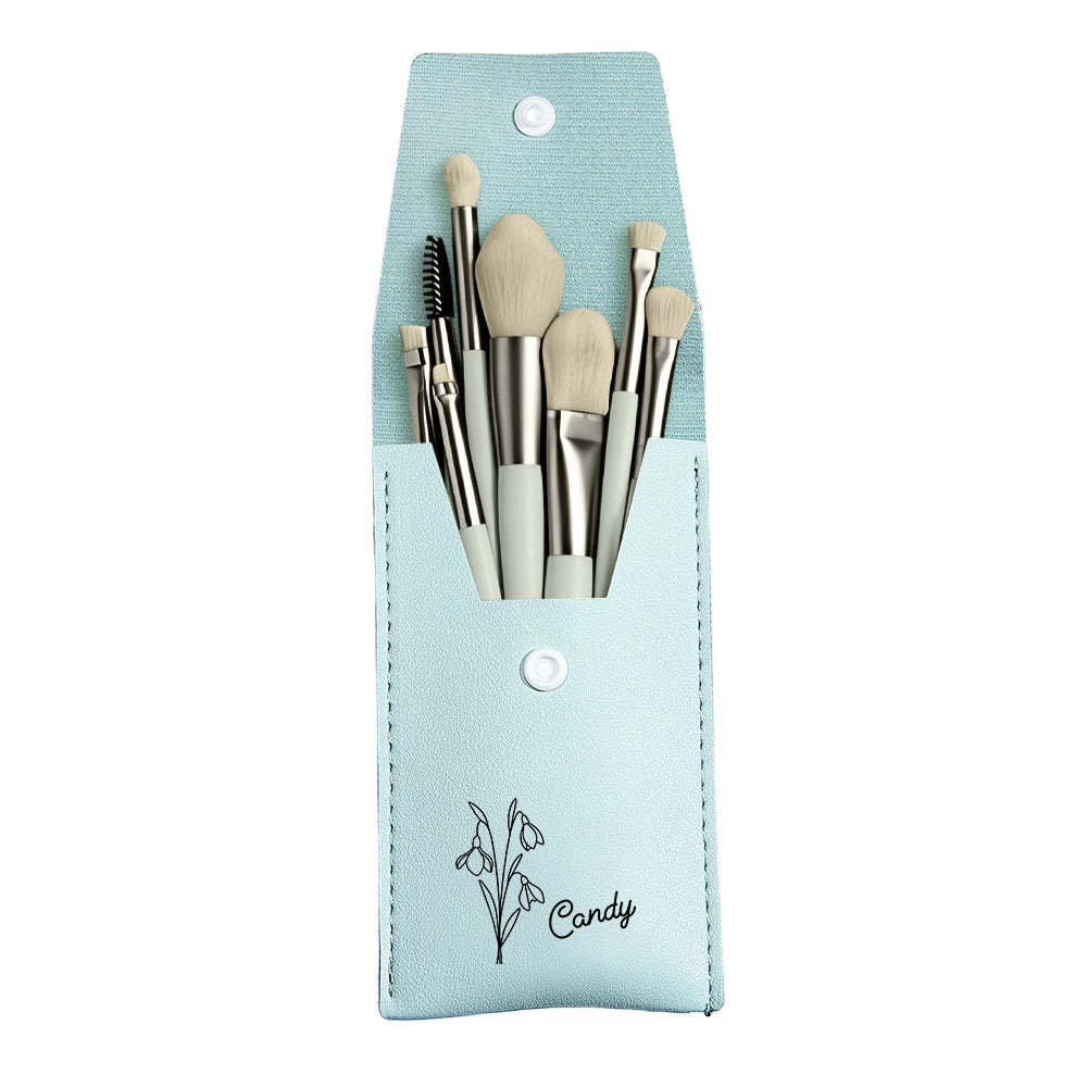 Personalized Birth Flower Leather Makeup Brush Bag with 8 Pcs Makeup Brushes Birthday Gift for Her - soufeelus