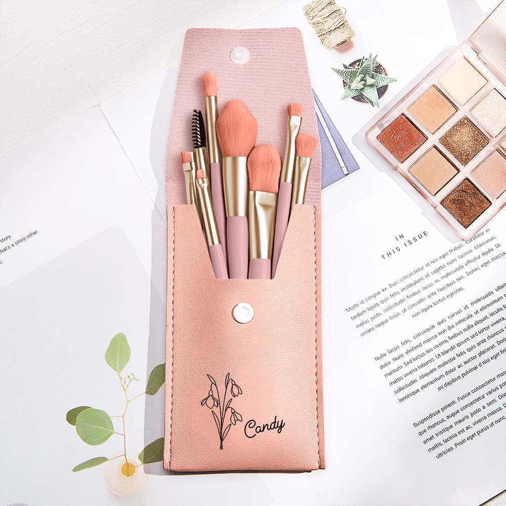 Personalized Birth Flower Leather Makeup Brush Bag with 8 Pcs Makeup Brushes Birthday Gift for Her - soufeelus