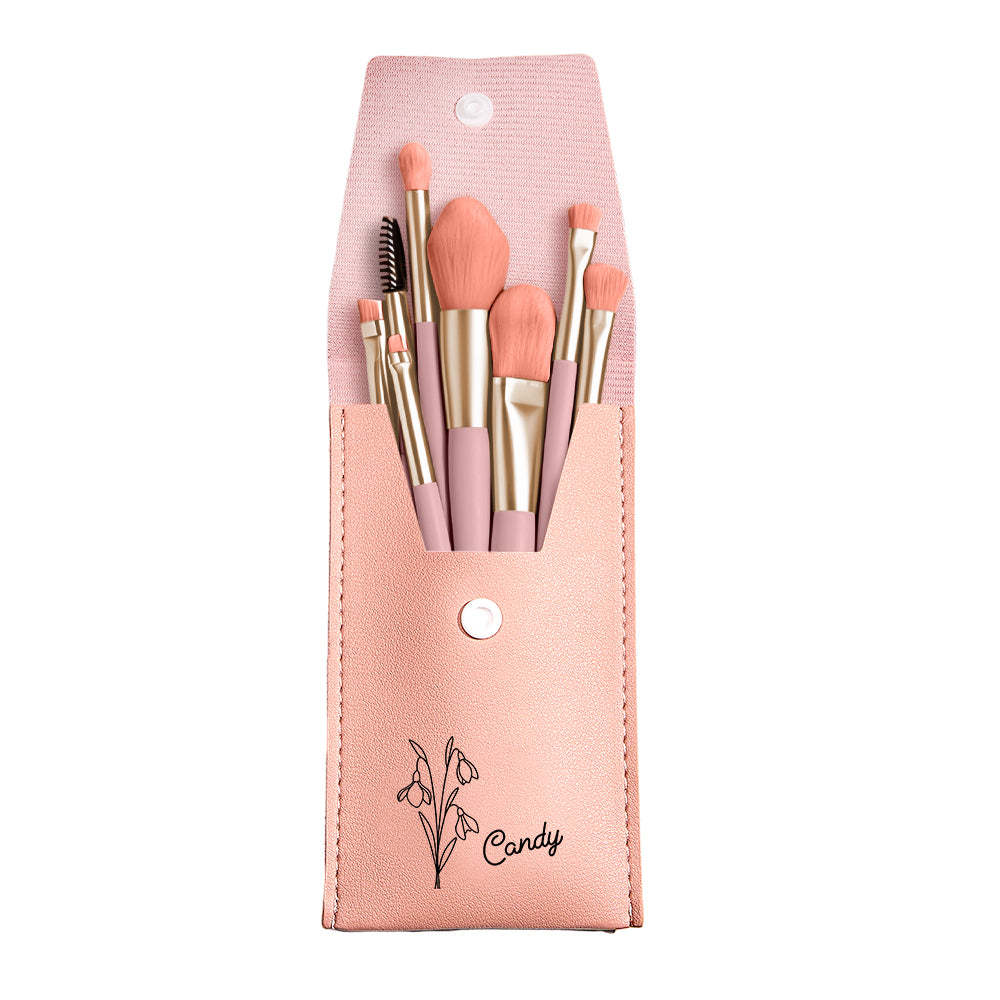 Personalized Birth Flower Leather Makeup Brush Bag with 8 Pcs Makeup Brushes Birthday Gift for Her - soufeelus