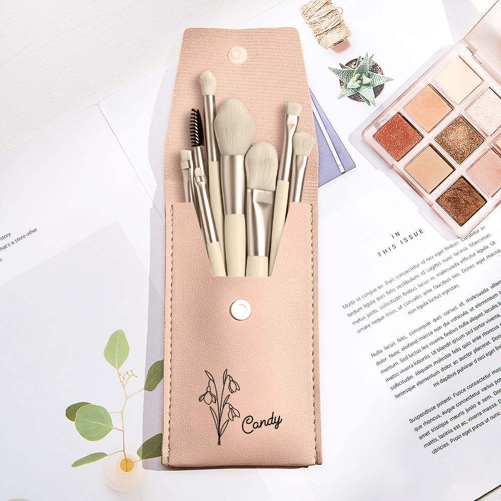 Personalized Birth Flower Leather Makeup Brush Bag with 8 Pcs Makeup Brushes Birthday Gift for Her - soufeelus