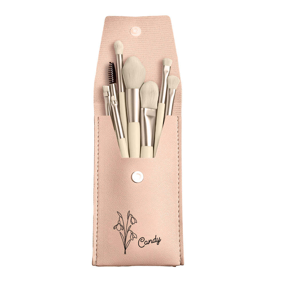 Personalized Birth Flower Leather Makeup Brush Bag with 8 Pcs Makeup Brushes Birthday Gift for Her - soufeelus