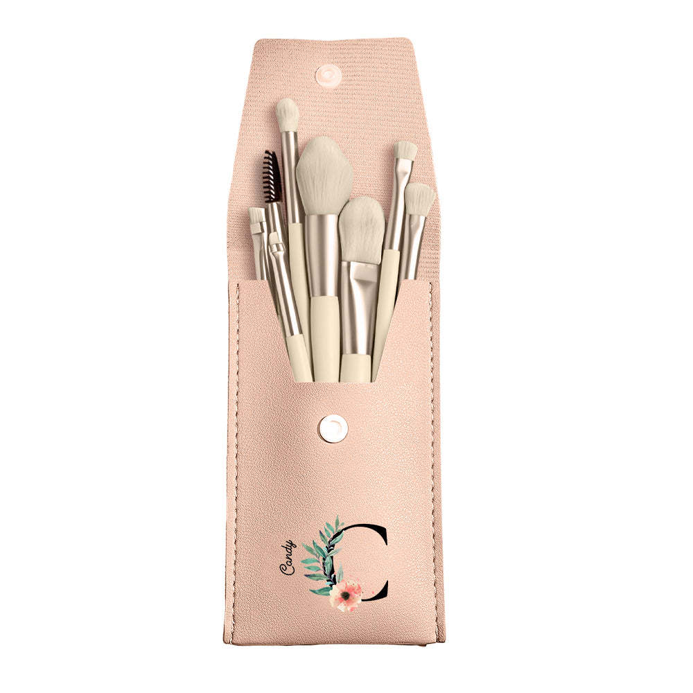 Personalized Flower Leather Makeup Brush Bag with 8 Pcs Makeup Brushes Gift for Her - soufeelus