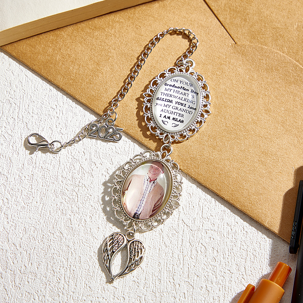 Custom Graduation Tassel Photo Charm with Angel Wings On Your Graduation Day My Heart Is There Gift Memorial Graduation Gift - soufeelus