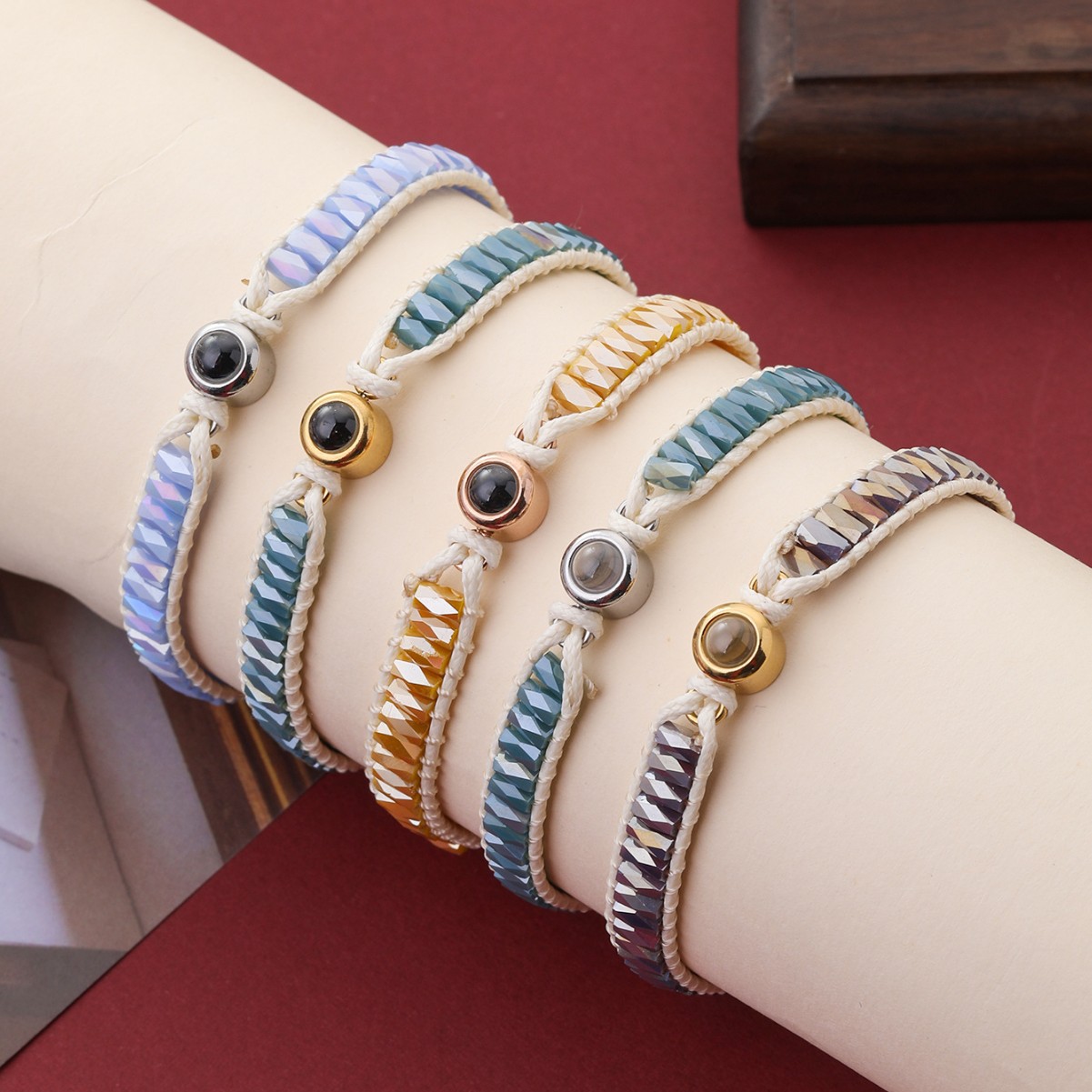 Personalized Photo Bracelet Sparkling Crystal Beads Adjustable Braided Cord Custom Gift