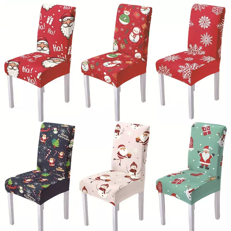 Christmas Chair Covers Stretch Printed Dining Chair Slipcovers Removable Washable Seat Protector Covers for Holiday Christmas Dining Room Home Decor