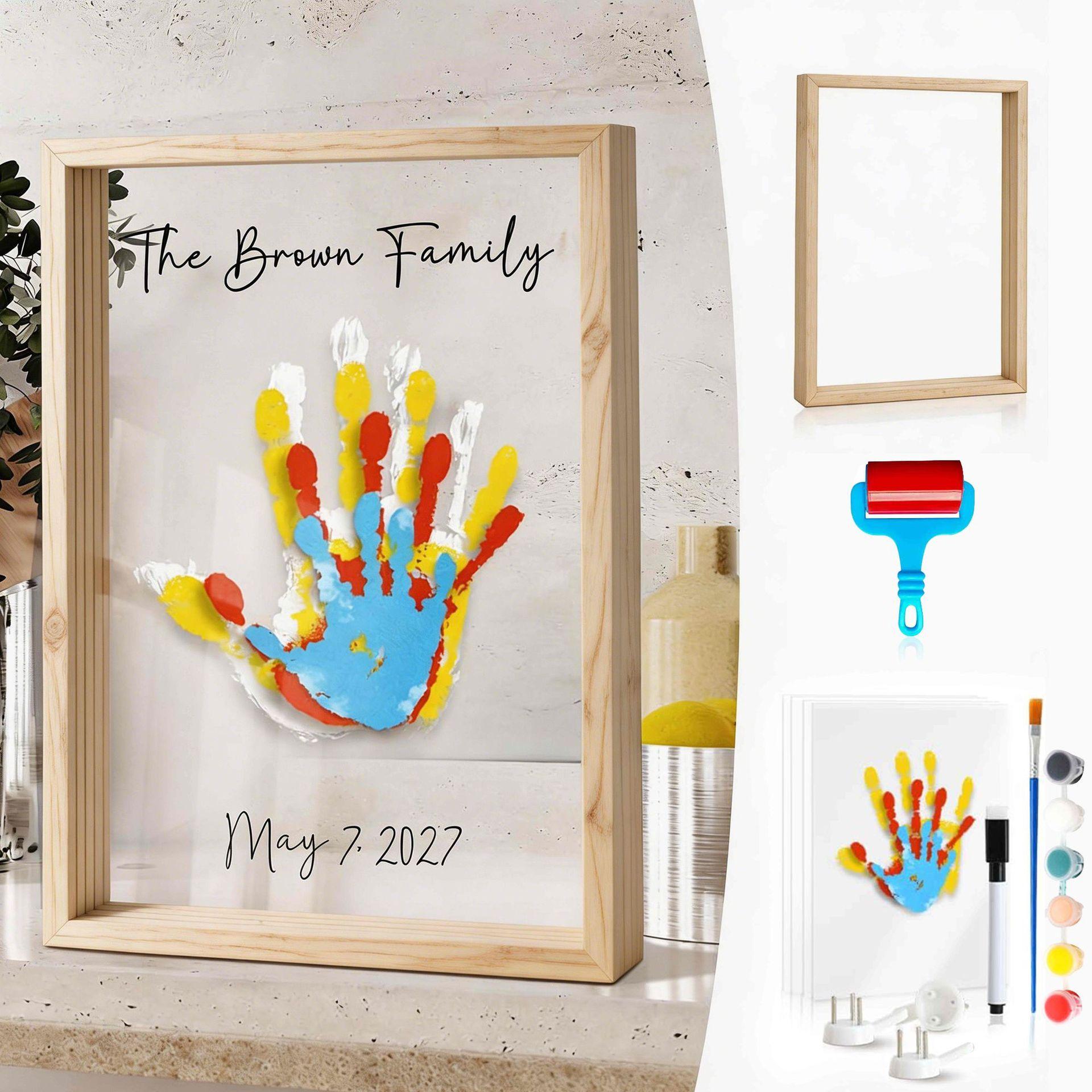 Handprint Frame DIY Kit Personalized Keepsake Natural Wood Transparent Panel Family Milestone Paints Roller Art Craft Gift for Parents