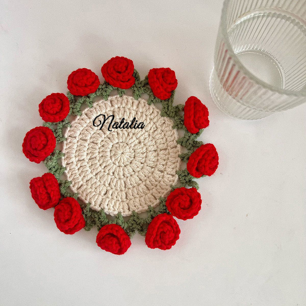 Customized Name Coaster Creative Gift Bouquet Crocheted Cup Finished Rose Bouquet Handmade Hand-Held Flower Woven Coaster