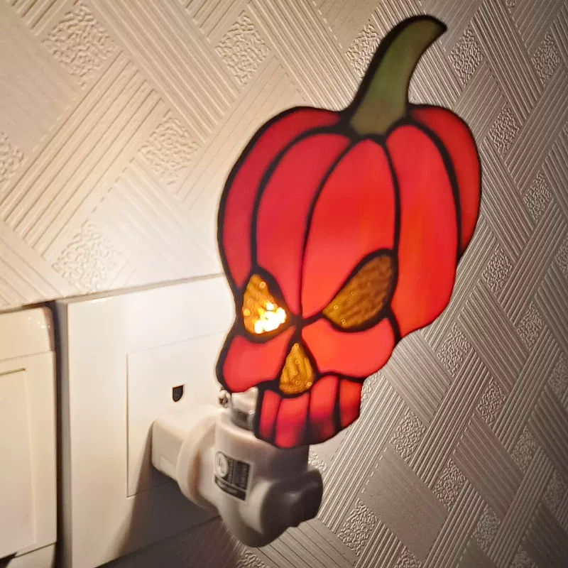 Skull Pumpkin Stained Glass Night Light – Colorful Halloween Plug-In Lamp & Everyday Home Décor