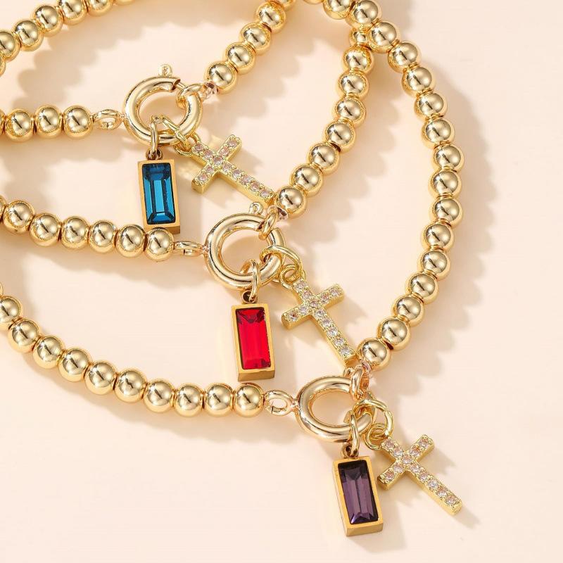 Personalized Birthstone Cross Bracelet for Women |  Plated Elastic Beaded Crystal Jewelry Gift