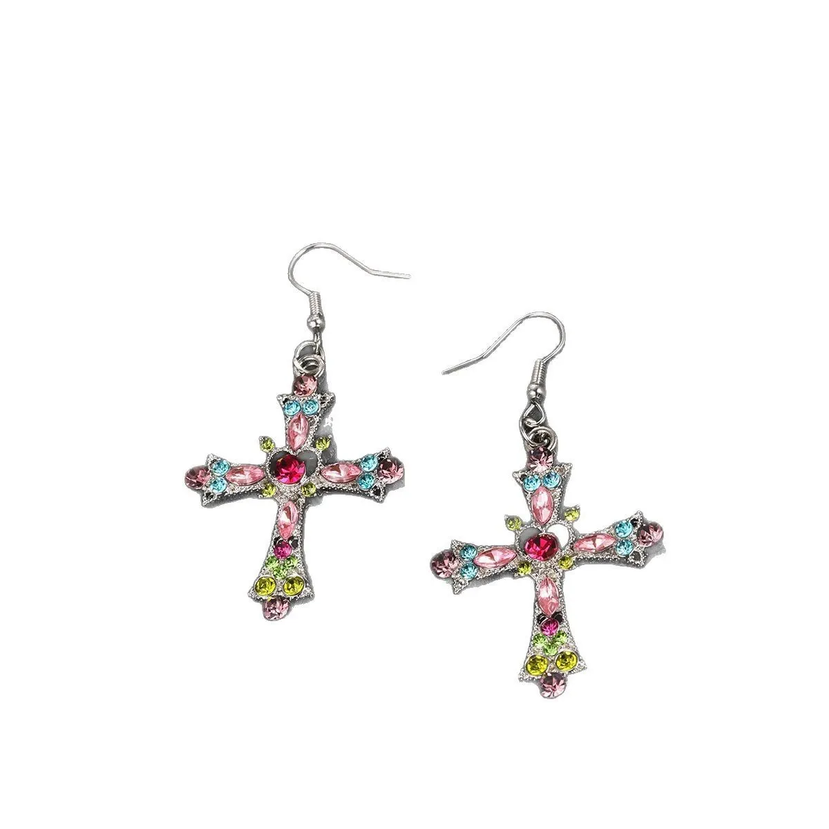 Pink Crystal Cross Pendant Necklace Gothic Punk Colorful Cross Zircon Choker for Egirl Eboy Woman