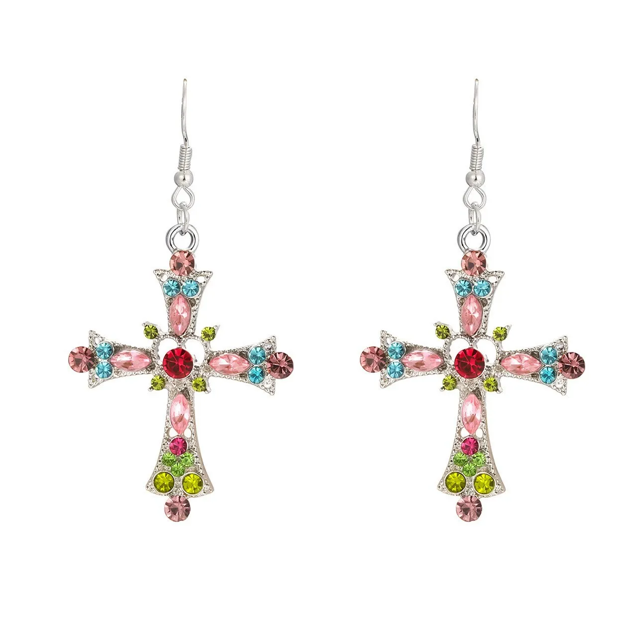 Pink Crystal Cross Pendant Necklace Gothic Punk Colorful Cross Zircon Choker for Egirl Eboy Woman