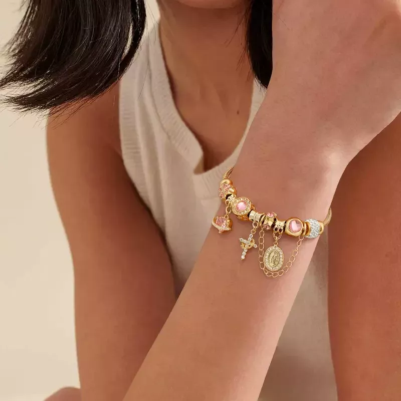 Vintage Virgin Mary & Cross Charm Bracelet Gold Plated Pink Crystal Beaded DIY European Charm Bracelet Religious Virgin Mary Medal Bracelet Gift for Women