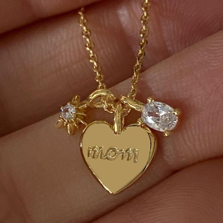 MOM Heart Dainty Gold Necklace Copper Gold Plated Zircon Necklace Mother's Day Gifts