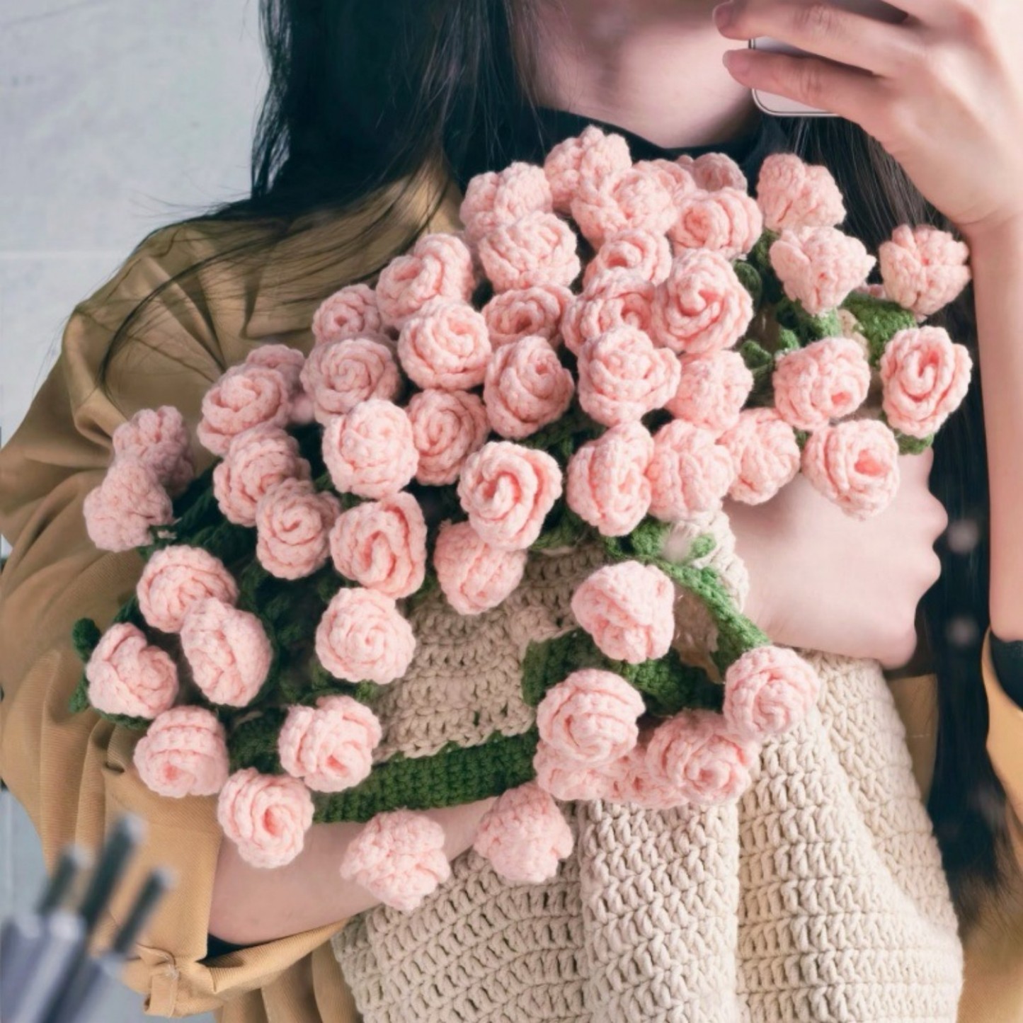 Hand-Knitted Rose Blanket DIY Kit & Ready-Made Gift for Mother's Day Valentine's Day