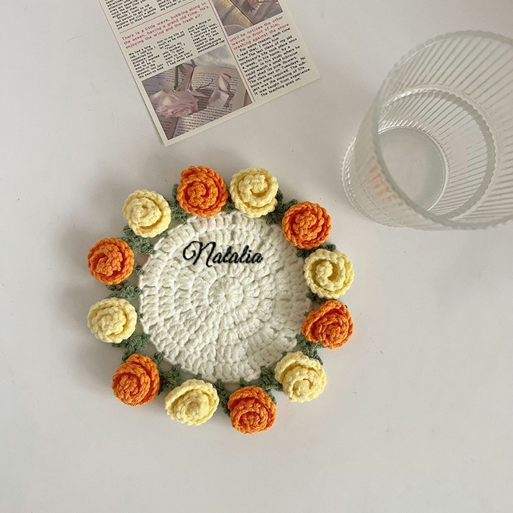 Customized Name Coaster Creative Gift Bouquet Crocheted Cup Finished Rose Bouquet Handmade Hand-Held Flower Woven Coaster