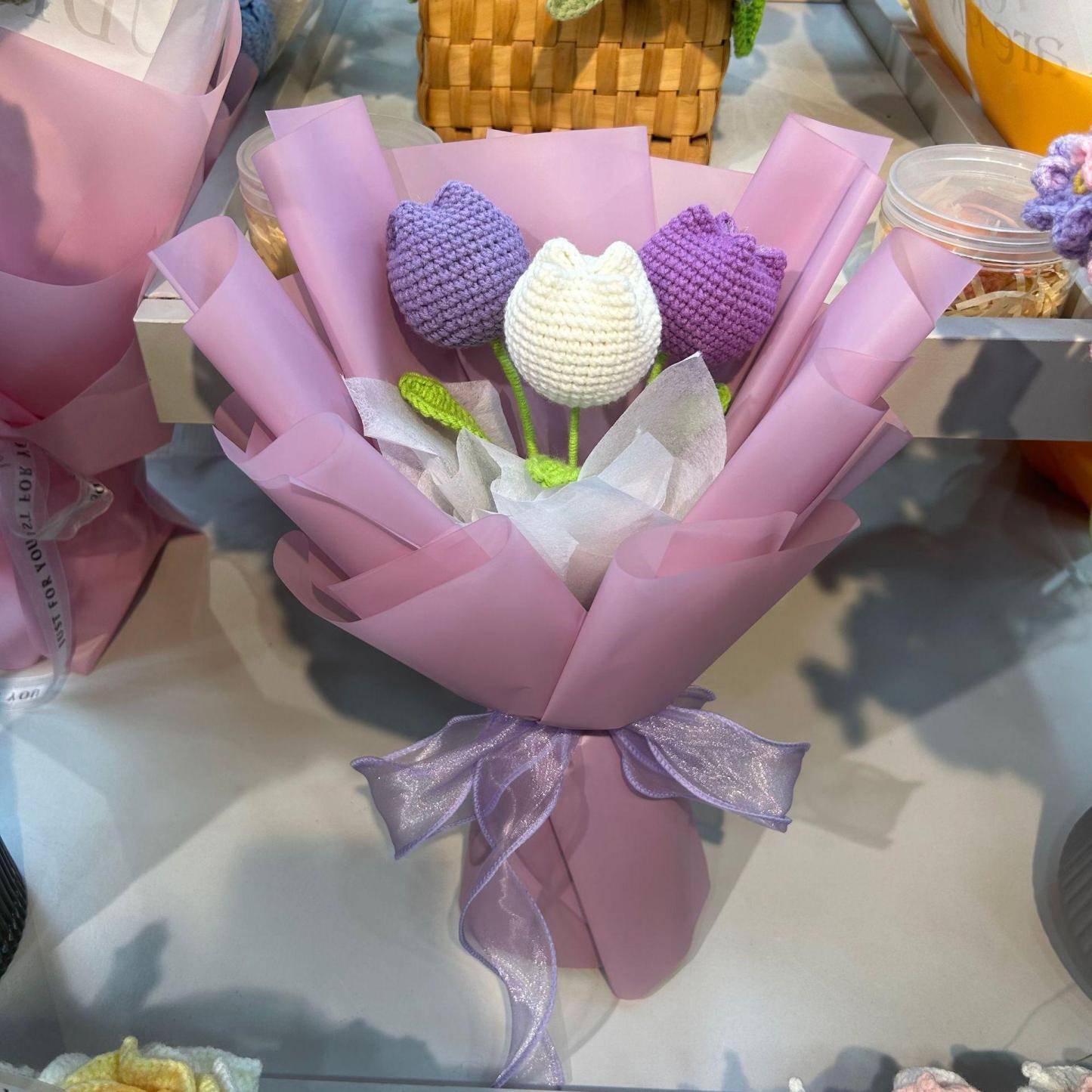 Custom Doll Bouquet Hand-Woven Simulation Wool Crochet Tulip Flower Desktop Ornaments Mother's Day Gifts