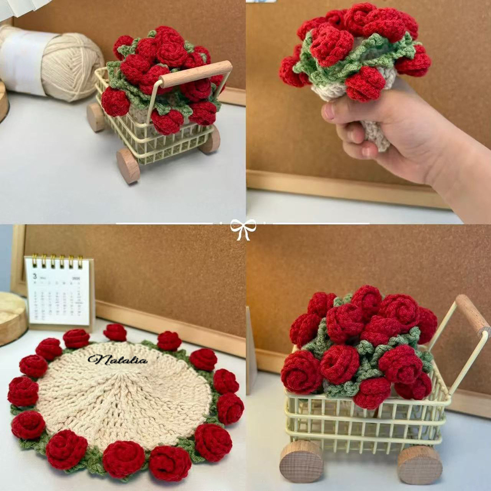 Customized Name Coaster Creative Gift Bouquet Crocheted Cup Finished Rose Bouquet Handmade Hand-Held Flower Woven Coaster