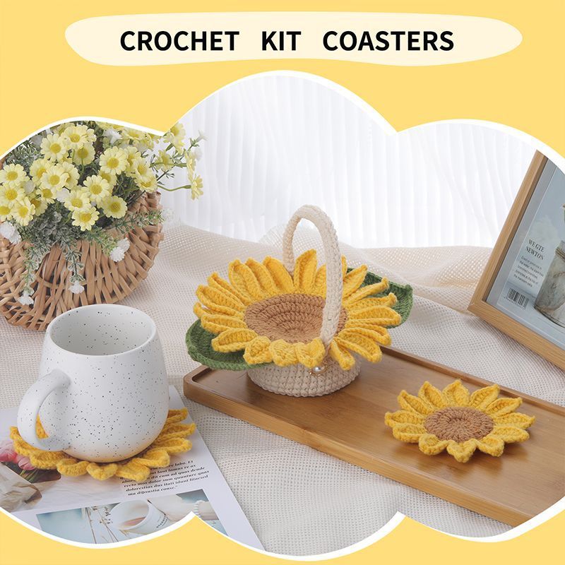 Knitted Flower Coasters Woven Sunflower Coasters Hand-Woven Flower Crochet Material Kit Handmade Diy Gifts