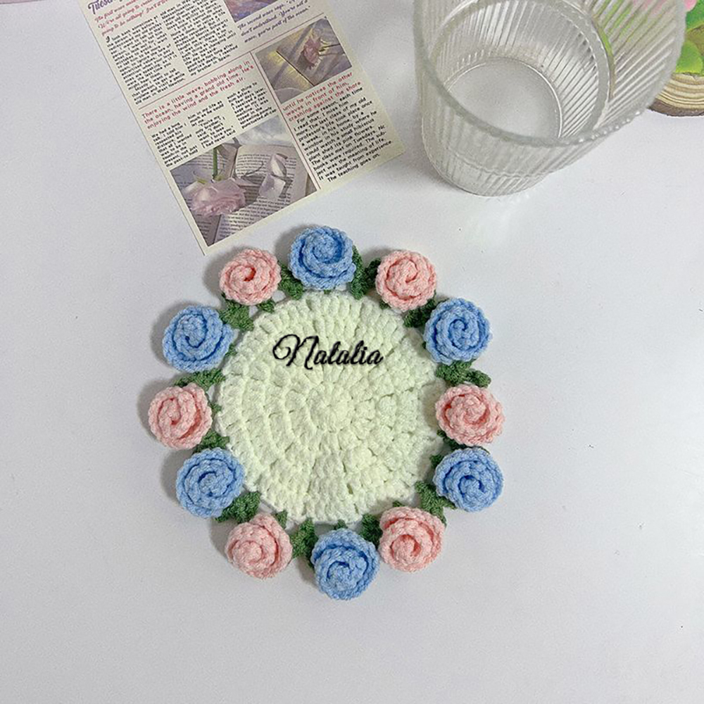 Customized Name Coaster Creative Gift Bouquet Crocheted Cup Finished Rose Bouquet Handmade Hand-Held Flower Woven Coaster