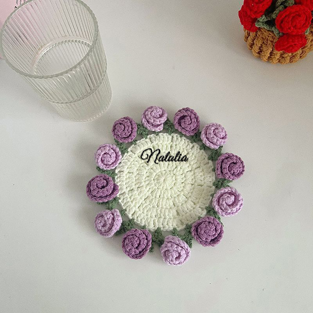 Customized Name Coaster Creative Gift Bouquet Crocheted Cup Finished Rose Bouquet Handmade Hand-Held Flower Woven Coaster
