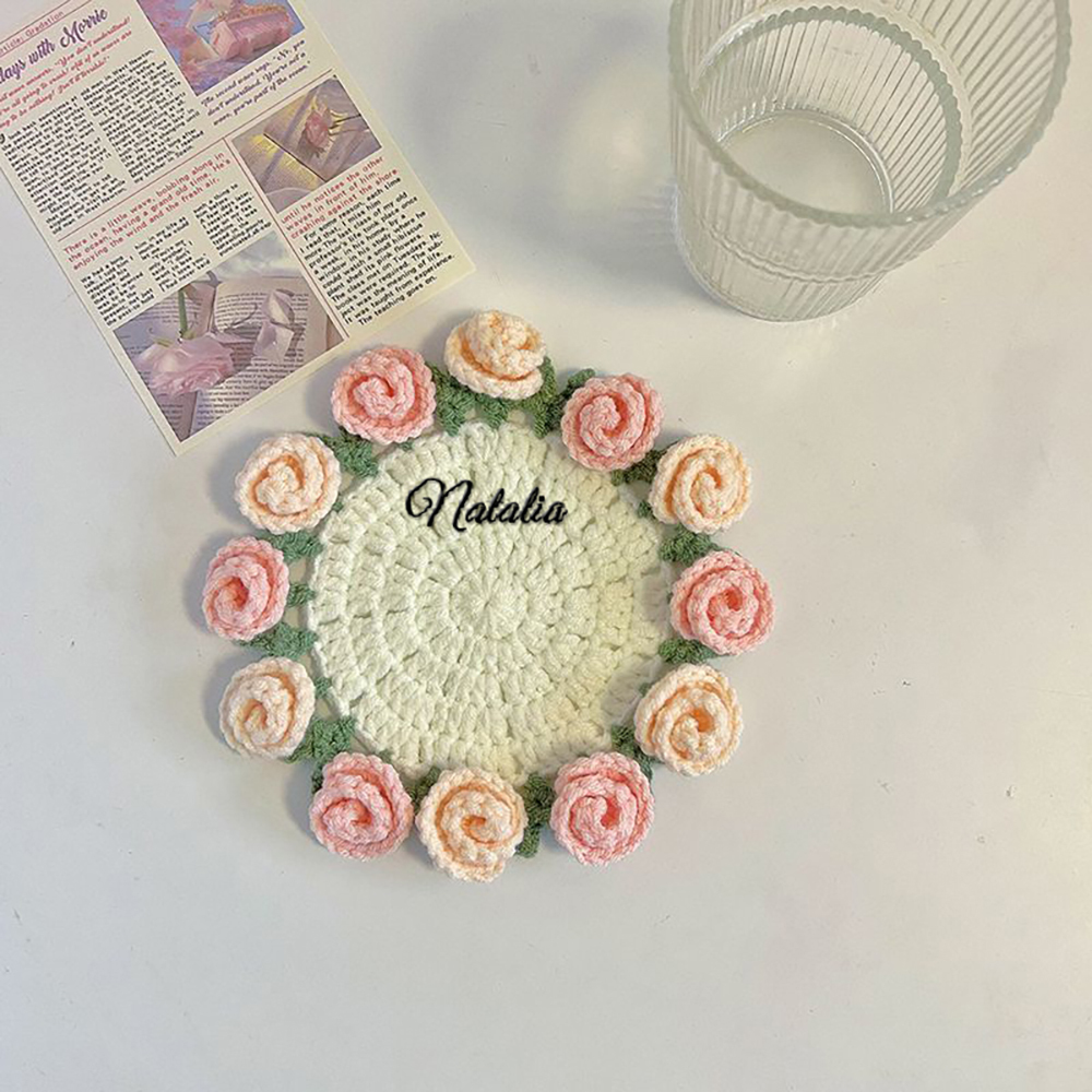 Customized Name Coaster Creative Gift Bouquet Crocheted Cup Finished Rose Bouquet Handmade Hand-Held Flower Woven Coaster