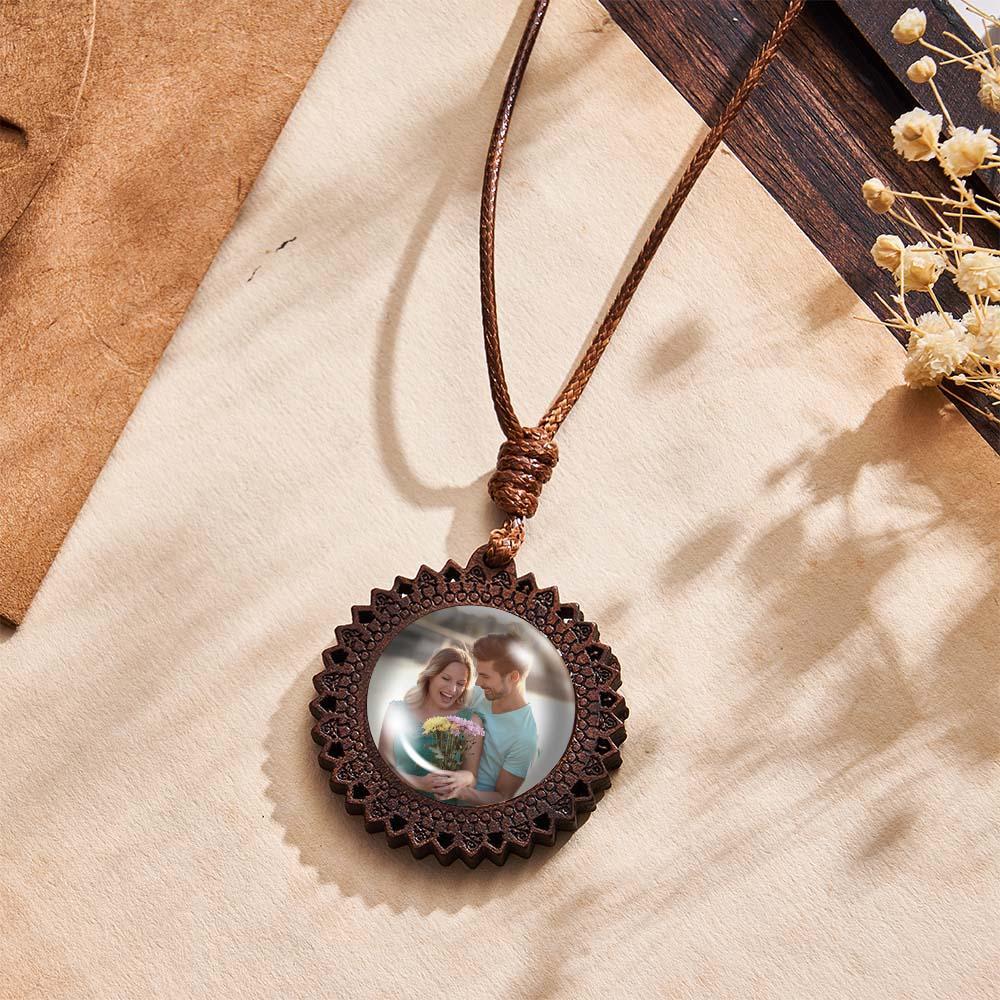 Personalized Photo Necklace Gifts for Him Wood Pendant Custom Name Engraved Round Pendant