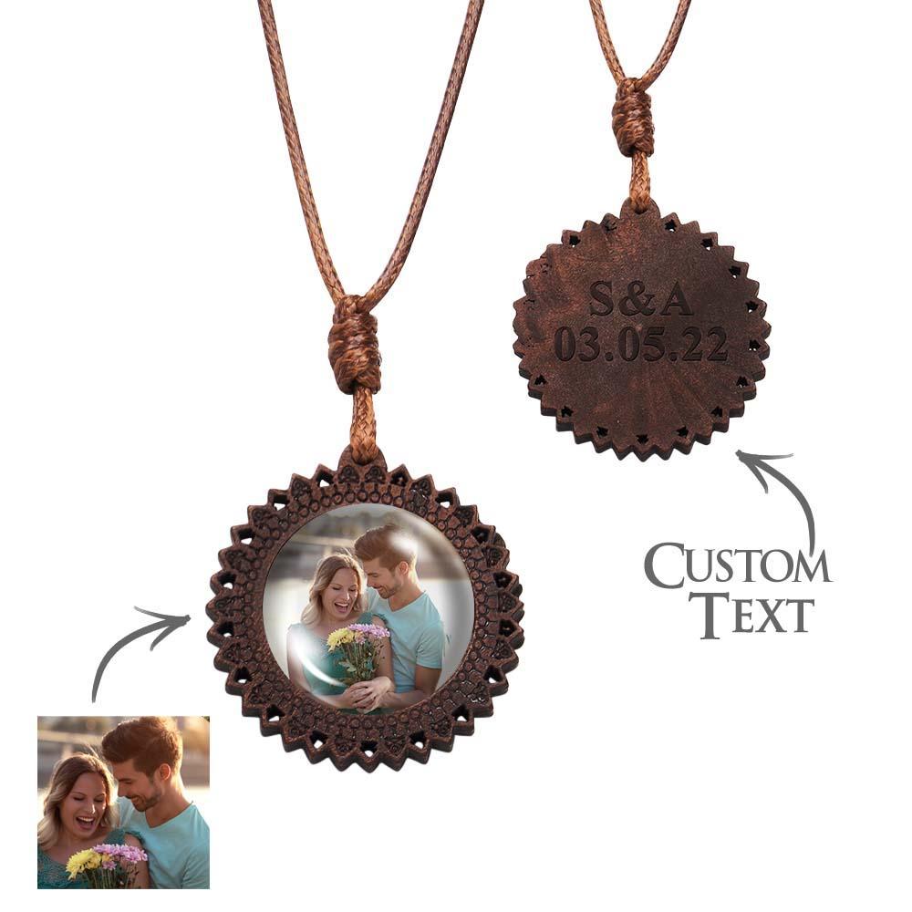 Personalized Photo Necklace Gifts for Him Wood Pendant Custom Name Engraved Round Pendant - soufeelus