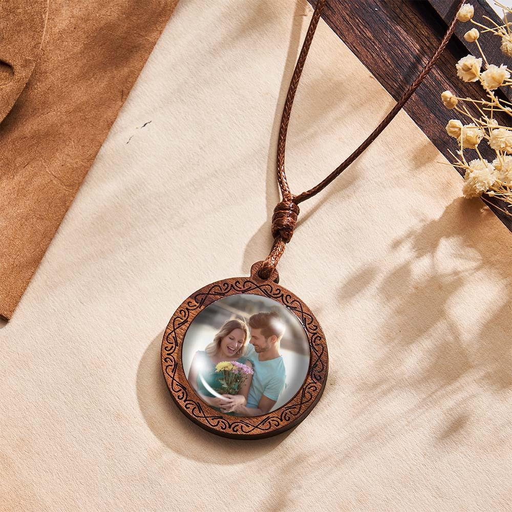 Personalized Photo Necklace Gifts for Him Wood Pendant Custom Name Engraved Round Pendant - soufeelus