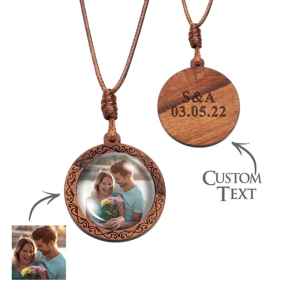 Personalized Photo Necklace Valentine's Gifts for Him Wood Pendant Engraved Custom Name Round Pendant - soufeelus